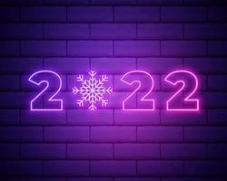 2022 neon signboard. Happy New Year. Realistic pink neon numbers on dark brick wall. Vector 2022 in neon linear style.