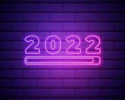 2022 neon signboard. Happy New Year. Realistic pink neon numbers on dark brick wall. Vector 2022 in neon linear style.