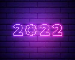 2022 neon signboard. Happy New Year. Realistic pink neon numbers on dark brick wall. Vector 2022 in neon linear style.