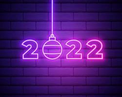 2022 neon signboard. Happy New Year. Realistic pink neon numbers on dark brick wall. Vector 2022 in neon linear style.