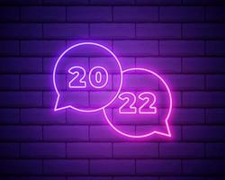 2022 neon signboard. Happy New Year. Realistic pink neon numbers on dark brick wall. Vector 2022 in neon linear style.