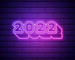 2022 neon signboard. Happy New Year. Realistic pink neon numbers on dark brick wall. Vector 2022 in neon linear style.