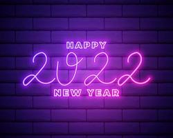 2022 neon signboard. Happy New Year. Realistic pink neon numbers on dark brick wall. Vector 2022 in neon linear style.