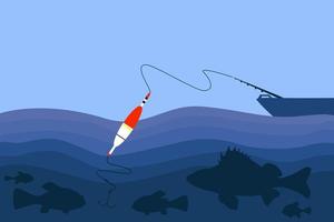 Boat fishing, fish float and fish in the water. Vector flat illustration.