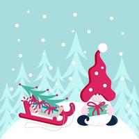 Cute christmas little gnome with presents and christmas tree on a sled and forest om the background. Vector flat illustration.