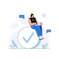 Business girl using laptop sitting on a huge checkmark, done concept vector