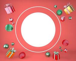 Christmas frame made of festive decorations, gift boxes. Christmas background. 3d rendering. photo