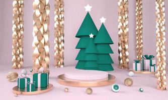 Christmas background with Christmas tree and stage for product display. 3d rendering. photo