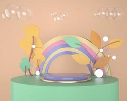 Abstract backdrop for product display, podium with trees and plants, 3d illustration photo