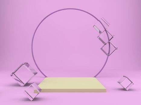 3d rendering studio with geometric shapes, podium on the floor. Platforms for product presentation, mock up background. photo