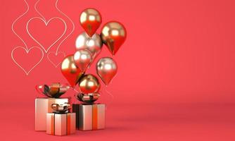 Valentine's Day. Background with realistic festive gifts box. Romantic present. Golden hearts. 3d. photo