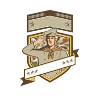 Military Chef Cook Wearing Camouflage Uniform Saluting Set Inside Camo Crest Retro Style vector