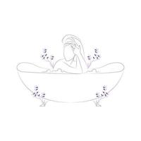 Mujer relajarse y bañarse en la bañera niña dibujada a mano en la línea de arte de la bañera