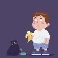 Lindo niño gordo comiendo plátano con el gato pedir comida.eps vector