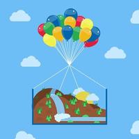 Landscape composed of mountains, hills, trees and a waterfall being taken to the skies by helium balloons. Conceptual vector illustration. Dream and fantasy context.