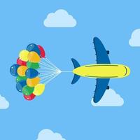 avión volando con un grupo de globos de helio en la parte de atrás. ilustración vectorial conceptual. vector