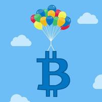 símbolo de moneda bitcoin elevándose a los cielos con globos. metáfora del aumento de los precios de las criptomonedas. conceptual. vector
