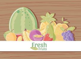 fresh fruits watermelon pineapple pear apple banana on wood background vector