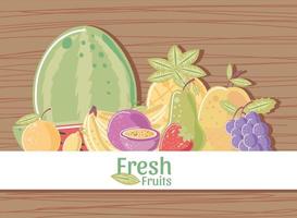 fresh fruits watermelon pineapple pear apple banana on wood background vector