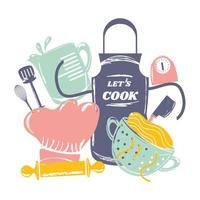 cooking apron chef hat colander and utensils sketch style vector