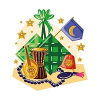 celebración árabe ramadan rosario instrumentos musicales y bandera vector