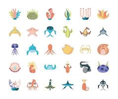 underwater world sea life fishes whale dolphin starfish jellyfish crab turtle icon set vector