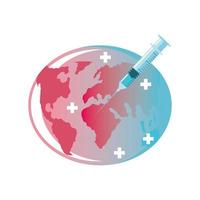 syringe of vaccine and needle injection on planet, protection against covid 19 vector