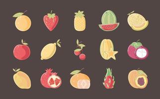 fruits fresh nutrition orange strawberry mango apple lemon icons black background vector