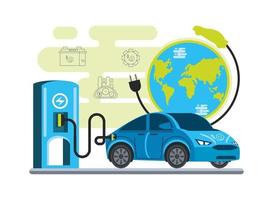 Carga de coche eléctrico en la estación con enchufe ecológico mundial. vector