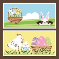 conejo de pascua con flores y pollo con decoración de huevos vector