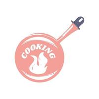 cooking lettering and flame in frying pan sketch isolated style vector