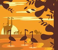 animales selva puesta de sol paisaje dibujos animados en silueta vector