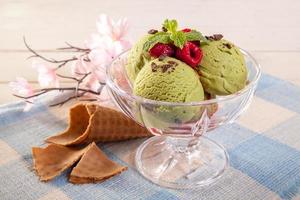 green ice cream on wooden table photo