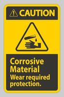 señal de precaución materiales corrosivos, use protección requerida vector