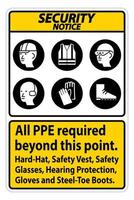 Security Notice PPE Required Beyond This Point. Hard Hat, Safety Vest, Safety Glasses, Hearing Protection vector