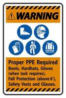 Warning Sign Proper PPE Required Boots, Hardhats, Gloves When Task Requires Fall Protection With PPE Symbols vector