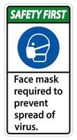 Safety First Face mask required to prevent spread of virus sign on white background vector