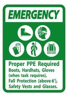 Emergency Sign Proper PPE Required Boots, Hardhats, Gloves When Task Requires Fall Protection With PPE Symbols vector