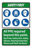Safety First PPE Required Beyond This Point. Hard Hat, Safety Vest, Safety Glasses, Hearing Protection vector