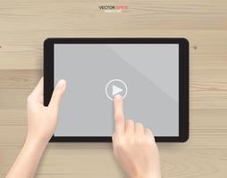 Hand holding and touch screen tablet computer on white wooden background. Vector. vector