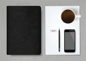 Abstract business background of notebook, smartphone, pencil and coffee cup on white paper sheet with gray concrete texture background. Vector. vector