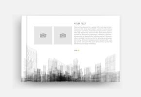Portada de libro de revista con imagen de la perspectiva de estructura metálica de la ciudad y área de marco de fotos en blanco. vector. vector