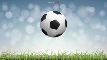 Soccer football ball on green grass field with light blurred bokeh background. Vector. vector