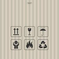 Packaging icon set of fragile care sign and symbol on brown pattern for background. Vector. vector