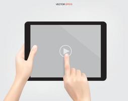 Hand holding and touch screen digital tablet with display of video player symbol. Vector. vector