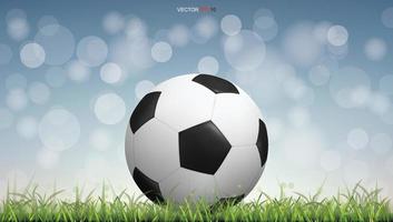 Soccer football ball on green grass field with light blurred bokeh background. Vector. vector