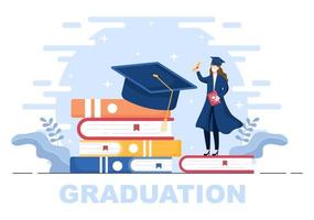 Happy Graduation Day of Students Celebrating Background Vector Illustration Wearing Academic Dress, Graduate Cap and Holding Diploma in Flat Style