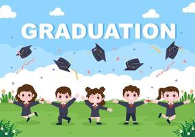 Happy Graduation Day of Students Celebrating Background Vector Illustration Wearing Academic Dress, Graduate Cap and Holding Diploma in Flat Style