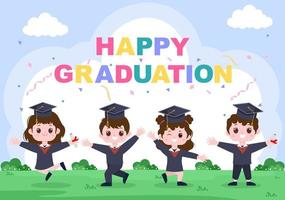 Happy Graduation Day of Students Celebrating Background Vector Illustration Wearing Academic Dress, Graduate Cap and Holding Diploma in Flat Style