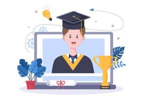 Día de graduación virtual en línea de estudiantes celebrando la ilustración de vector de fondo con vestimenta académica, gorra de posgrado y diploma en comunicación a través de video